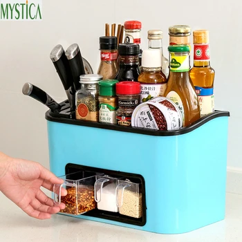 

Kitchen Spice Storage Holder Condiments Box Multifunction Drawer Organizer Seasoning Jar Home Tableware Storage Rack Knife Shelf