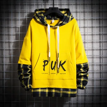 

2020 Autumn & Winter New Arrival Men's Fake Two-piece Hooded Sweatshirt Loose Casual Plus Size Sweatshirt Yellow Free Shipping