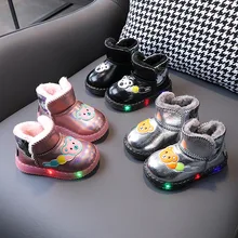 Botas de nieve LED para niños de 1 a 6 años, botas cortas de oso de dibujos animados con suela luminosa, zapatos cálidos de felpa para invierno, E10253