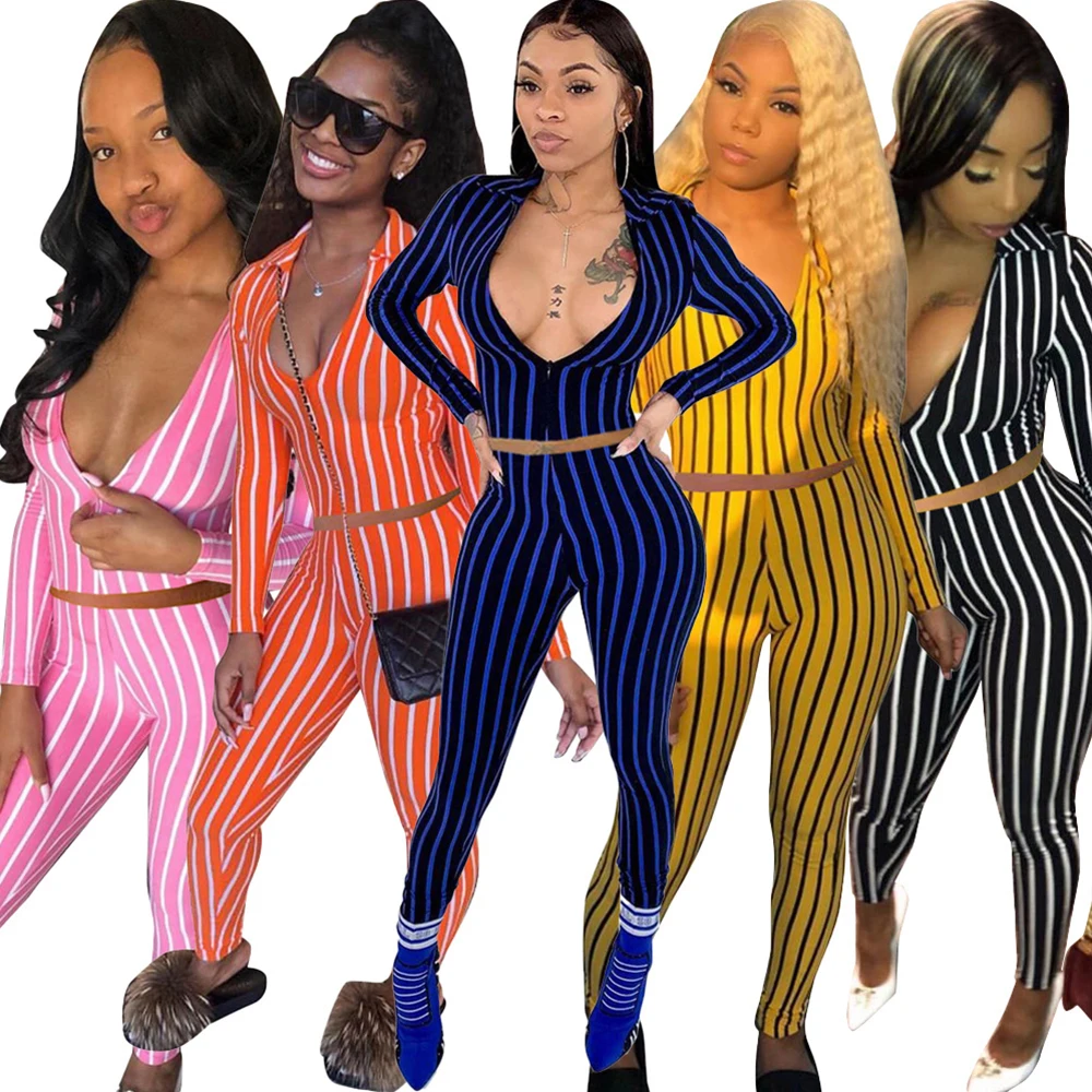 

Women Casual Striped Two Pieces Set Long Sleeve Zipper Tracksuit Crop Tops Pencil Jogger Pants Matching Set Bodycon Slim Outfits