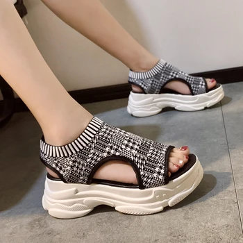 

Black White Knit Striped Casual Thick Sole Wedge Sandals Women Peep Toe Platform Sports Sandals Summer Shoes Women 2020