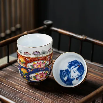 

Handmade ceramic China Retro Style blue and white porcelain enamel color noble Kung Fu tea cup bowl