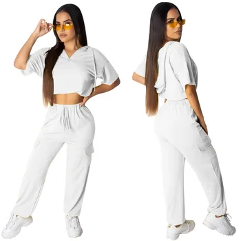 

Fashion 2 Pcs Set Women Casual Hoodie Crop Tops Sport Suits Long Pants Tracksuit