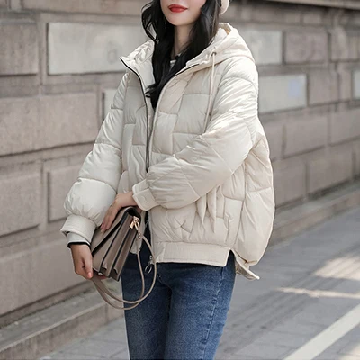 Повседневное тонкое пуховое пальто с капюшоном женские зимние короткие свободные плотные однотонные пуховики женские высокие уличные корейские модные пиджаки на молнии - Цвет: beige