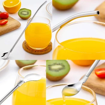 

Reusable Spoon Drink Straws Value Pack 6Pcs with 2 Clean Brush - Metal Drinking Straw Spoon 7.5 Inch Long for 20Oz Tumblers Cups