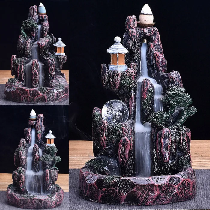 Waterfall Smoke Backflow Incense Holder LED Light Type Hotel Home Decor@LS