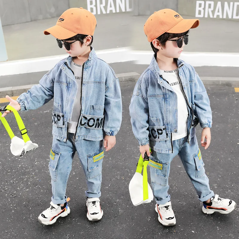 Denim Children's Clothing Suit Fashion Casual Children 2pcs Solid Blue Jacket+Pants Boy 2 to 8 Years |