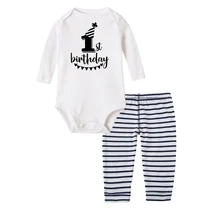 Комплект хлопковой одежды для малышей «Мой первый день рождения», комбинезон с длинными рукавами для новорожденных мальчиков и девочек, комплект со штанами в полоску, комплект одежды из 2 предметов на возраст от 0 до 24 месяцев