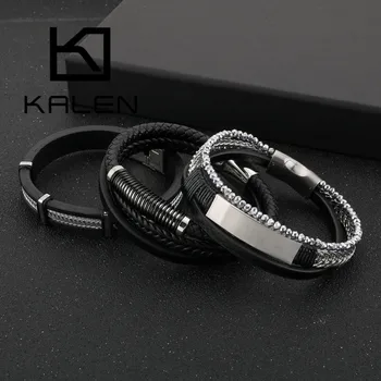

KALEN New Hip Hop Men Bracelets Cowhide Leather Stainless Steel Magnet Clasp Layer Bracelets For Men Male Vintage Jewelry