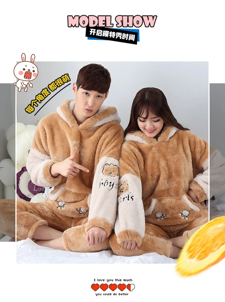 mens flannel pajamas set 2021 Winter Couple Long Sleeve Hooded Thick Warm Flannel Pajama Sets for Men Cute Cartoon Sleepwear Women Homewear Home Clothes mens pjs sale