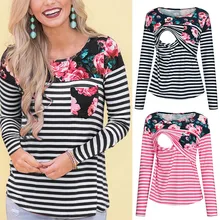 Полосатые женские блузки для беременных с длинным рукавом, топы для кормящих, свободная туника с круглым вырезом, рубашка для грудного вскармливания, ropa para embarazada
