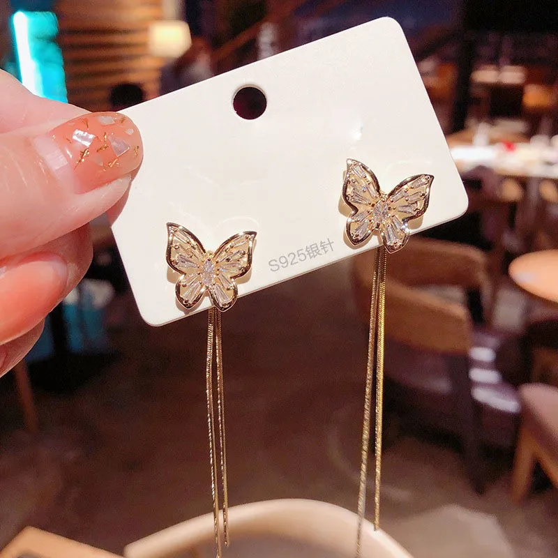 Long Golden Tassel Butterfly Drop Earrings Silver Color 2021 Fashion Hanging Women Earring Summer Jewelry Girls Party Gift | Украшения и