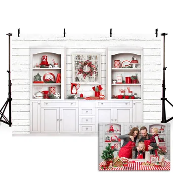 

Mehofond Christmas Backdrop White Wood Wall Cupboard Red Kitchenware Decoration Portrait Photography Background for Photo Studio