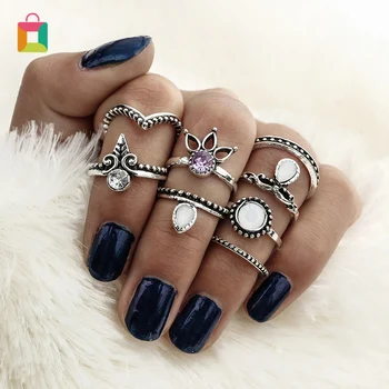 

Bohemian 8pcs/Set Retro Anti Silver Color Anti Gold Rings Lucky Stackable Midi Rings Set Rings For Women Party Glittery