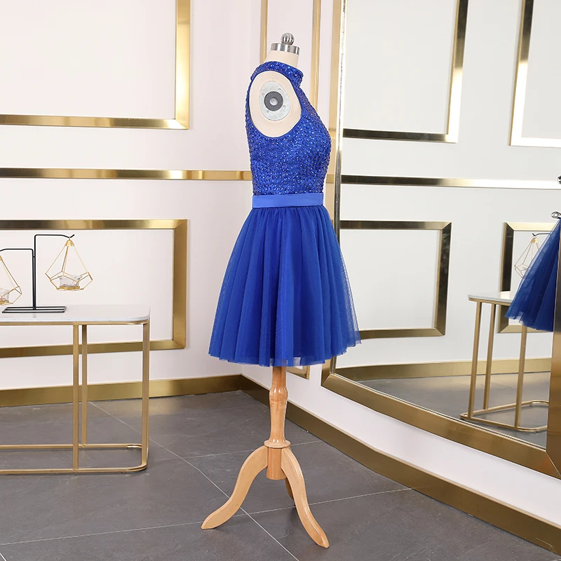 Vestido Coctel, Новое поступление, корсет, вышитый бусинами, коктейльные платья, элегантное платье с лямкой на шее, официальное вечернее платье, королевское Синее Короткое платье для выпускного вечера