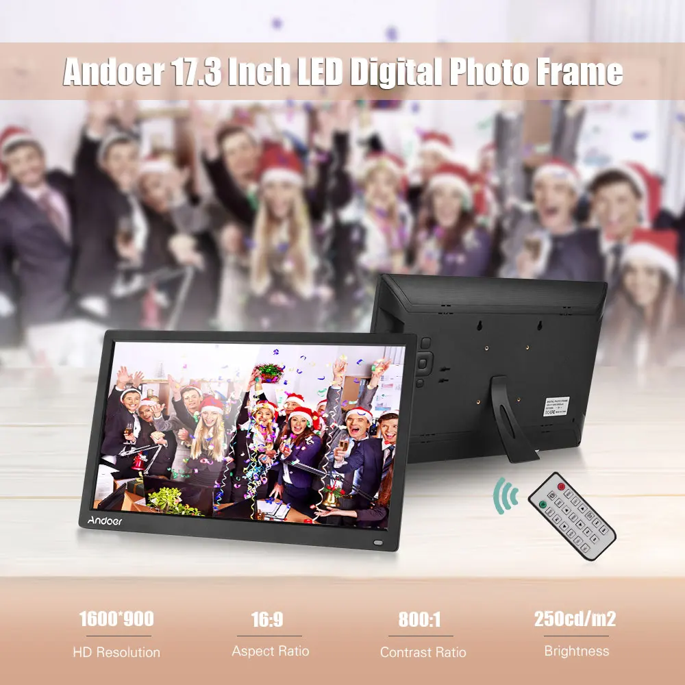 Andoer 17,3 дюймов светодиодный цифровой фоторамка с высоким разрешением 1600*900 рекламный автомат будильник MP3 MP4 с пультом дистанционного управления