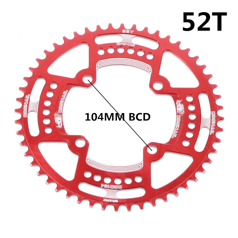 104BCD 40/42/44/50/52T горный велосипед Звездочка MTB велосипед диаметра окружности болтов(Алюминий узкая широкая цепь из колец цепь - Цвет: 52T red
