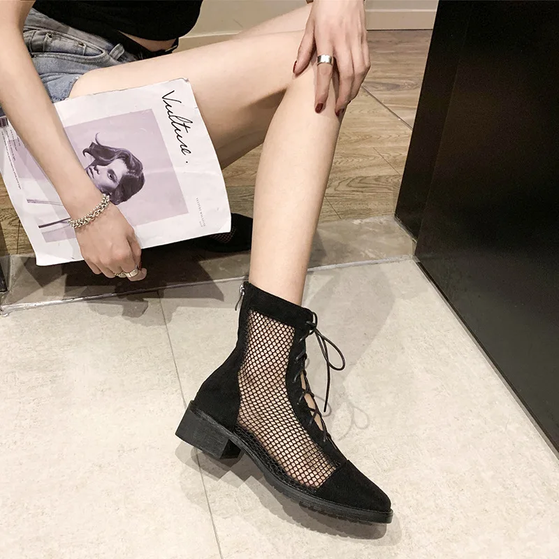 

Short Hollow out Sandal Boots Women's 2019 Summer Style Online Celebrity Holiday Chunky-Heel Gauze Rome Bandage Cloth Sandals Bo