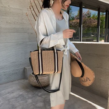 

Women Natural Handbag Braided New Rattan Bag Beach Straw Bag Crossbody Summer Bags Coffee Color