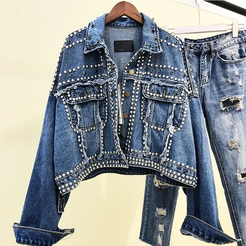 Blue Женская красная Джинсовая Куртка Harajuku, пальто, осенняя Тяжелая ручная вышивка стразами, с заклепками, короткая черная джинсовая куртка, базовая Студенческая куртка - Цвет: Blue