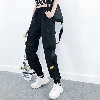 

Women Fashion Streetwear Cargo Pants Black Ankle Length Elastic Waist Joggers Female Loose Trousers Casual Plus Size Haren Pants