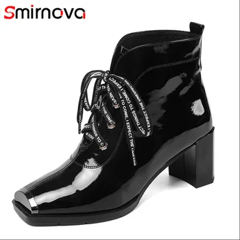 

Smirnova new arrival 2020 winter boots for ladies genuine leather boots square toe lace up shoes high heels women ankle boots