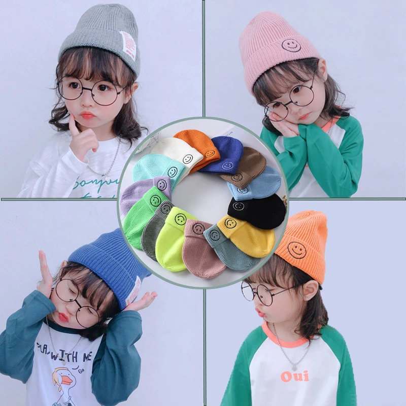Популярные детские теплые вязаные шапки ярких цветов, шапка со смайликом, вязаная крючком мягкая эластичная шерстяная детская шапка, шапка для мальчиков и девочек, 1 шт