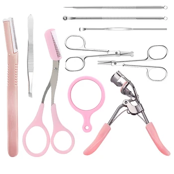 

10pcs Professional Eyebrow Trim Kit Eyelash Curler Skin Care Tool Scissors Acne Needles Mini Mirror Suit