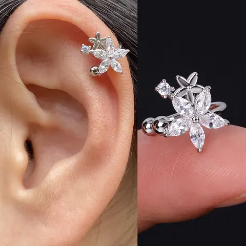 Korean Style Women Girls Flower Leaf Clip Earrings Without Piercing Rainbow Earring Crystal Zircon Ear Cuff  Fashion Jewelry