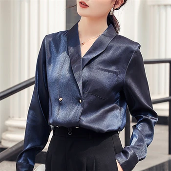 

ZCWXM 2020 Women Spring Summer Satin Blouse Shirts Double Breasted Pockets Casual Loose Notched Office Lady Tops Single Breasted