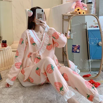 

Women Autumn Pajamas Cozy Sleepwear V-Neck Nightshirt Loose Pajama Set Home Clothes Postpartum Pregnant Pajamas Plus Size Suit