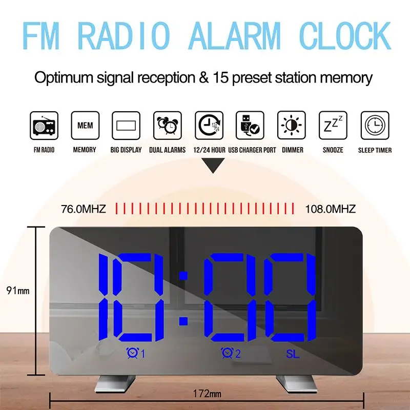 

FM Radio Digital Alarm Clock LED Mirror Clock Multifunction Snooze Display Time Night LCD Light Table Desktop USB Cable