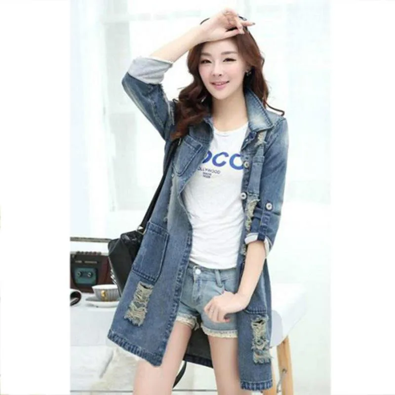 Длинный джинсовый кардиган женские джинсовые топы с дырками женская одежда 2019