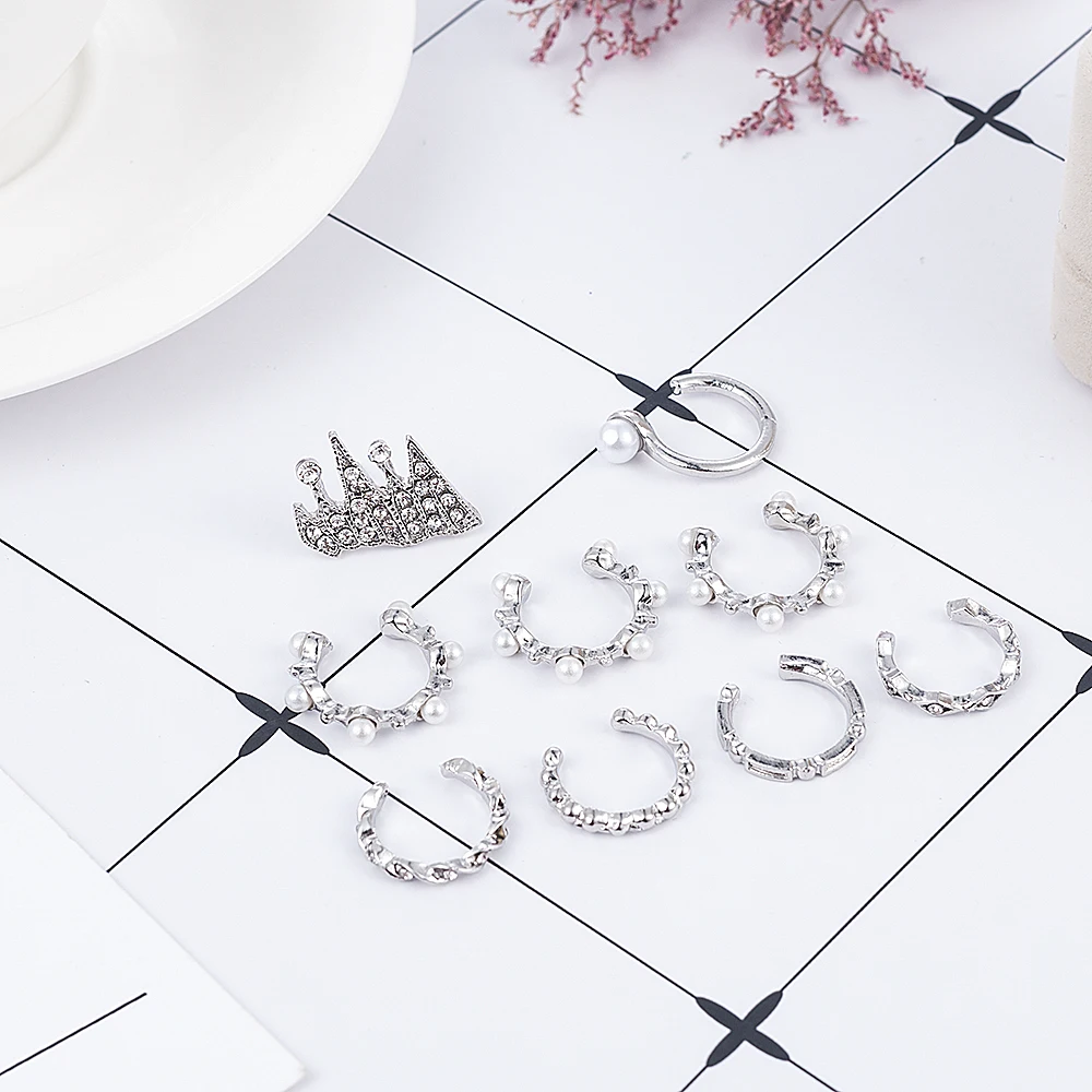 9 шт./компл. модные свадебные туфли Украшенные жемчугом; Boho Кафф серьги-гвоздики с украшением в виде кристаллов серьги Для женщин девочки клип на серьги комплект ювелирных изделий