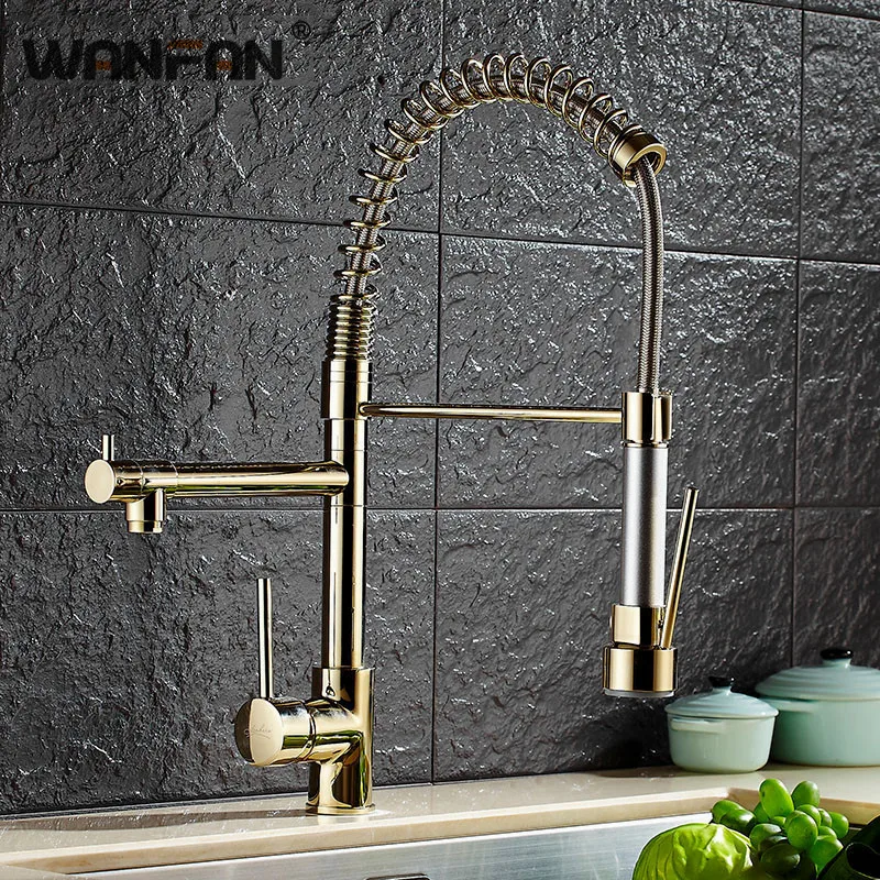 Kitchen Faucets Gold Torneira Para Cozinha Faucet for Sink Single Pull Out Spring Spout Mixers Hot Cold Water Tap -028 | Обустройство