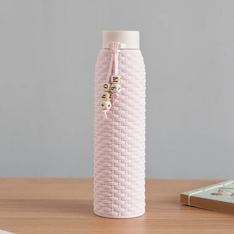 310 мл двойная стеклянная бутылка для воды Анти-скальдинг вакуумная имитация ротанга бутылка на веревочке для девочек тоут Милая бутылка для воды круглый - Цвет: Розовый