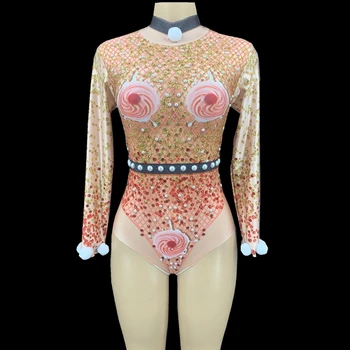 

Red Gold Rhinestones Ice Cream Print Hairball Bodysuit Women Dancer DS Dance Outfit Birthday Celebrate Show Performance Costume