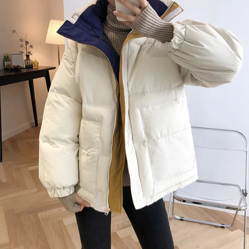 

Cotton Short Color Matching Cotton Winter Coat Women's Padded Fluffy Hook Loop Bread Pocket Collar Coat Bubble Jacket Bubble