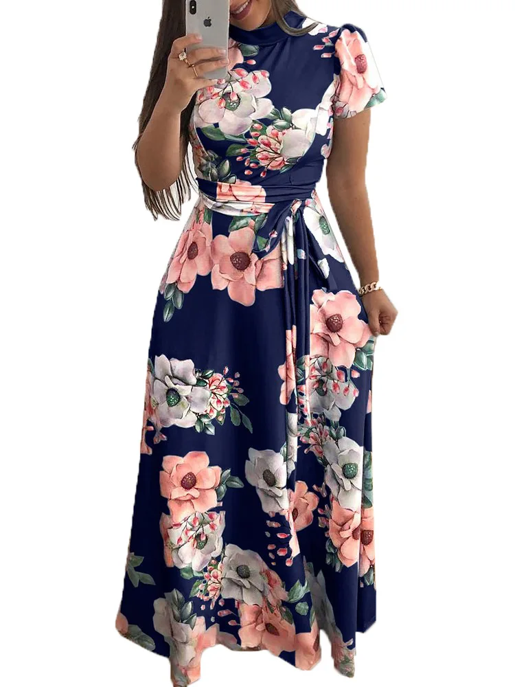 Women Summer Dress 2020 Casual Short Sleeve Long Dress Boho Floral Print Maxi Dress Turtleneck Bandage Elegant Dresses Vestido