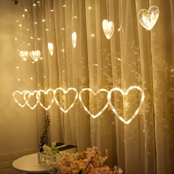 

LED Heart-shaped Hanging Curtain Lights String Home Decor Holiday Party Romantic Wedding Bedroom Lighting Lamp String Lights