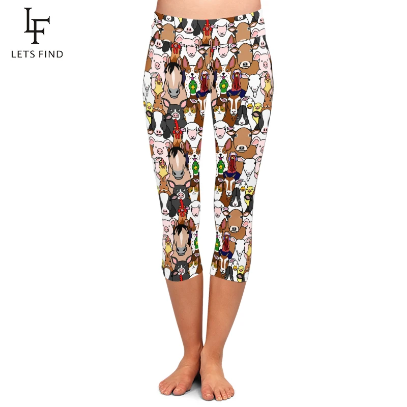 LETSFIND High Elastic Women Capri Leggings Seamless Cartoon Farm Animals Print High Waist Plus Size Casual Mid-Calf Pants LETSFIND High Elastic Women Capri Leggings Seamless Cartoon Farm Animals Print High Waist Plus Size Casual Mid-Calf Pants
