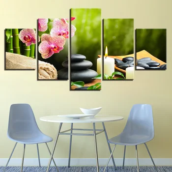 

Wall Art Canvas Paintings 5 Pieces Bamboo Orchid Flower Stones Candle HD Prints Poster Pictures Living Room Home Decor