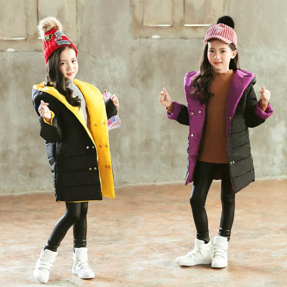 Girls Down Coat Solid Hooded Girls Down Jacket Double-Breasted Children's Parkas Casual Winter Warm Children's Overcoat For Girl