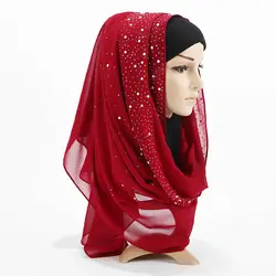 Женские мягкие блестки жемчуг шарфы Модный женский шифоновый шарф 2019 новый большой платок хиджаб сплошной цвет мусульманский платок
