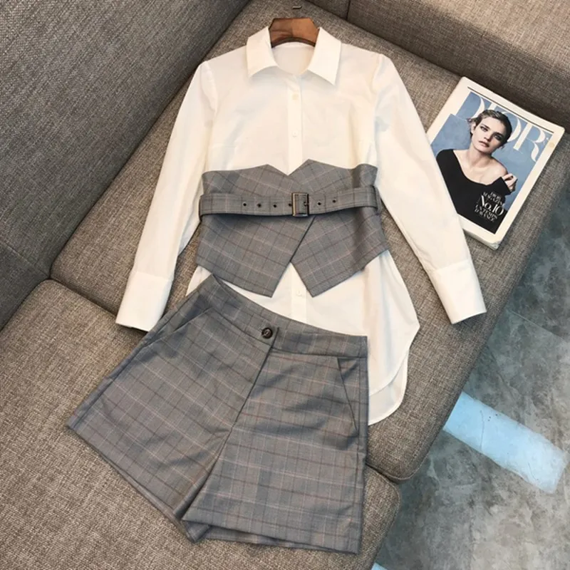 

2019 Autumn Elegant Women 3 Piece Set Women fashion white long Shirt Top + Waist Sealing + plaid high waist short pants Suit