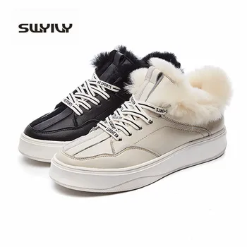 

SWYIVY Women Winter Sneakers 2019 New White Casual Shoes Natural Wool Warm Genuine Leather Winter Shoes Woman Sneakers Platform