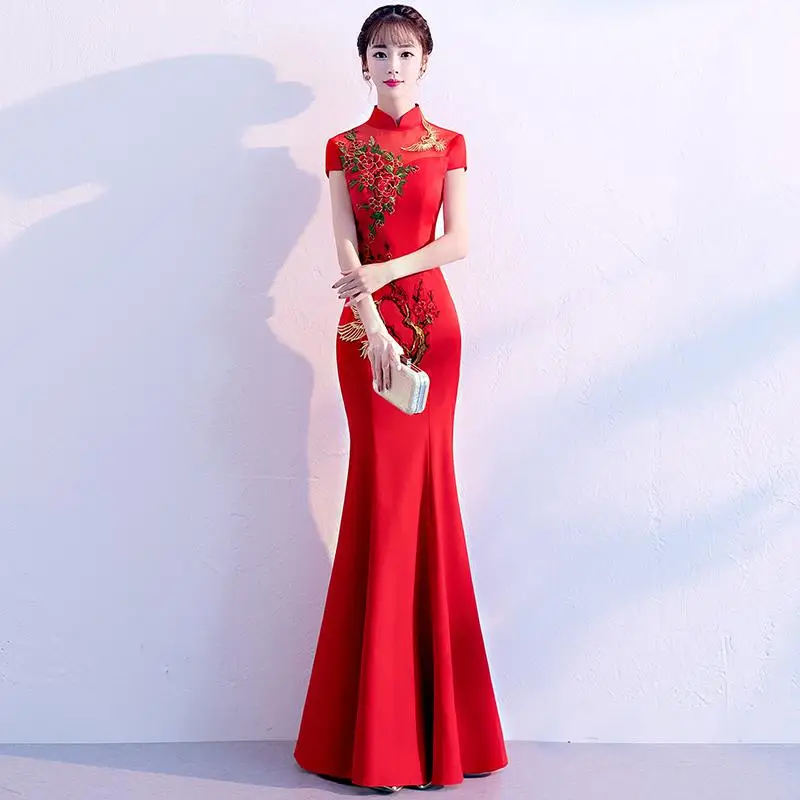Красный китайский традиционный для женщин рыбий хвост Qipao невесты свадебное платье Элегантный кружево Мандарин воротник Cheongsam Vestidos De Festa - Цвет: Style 3
