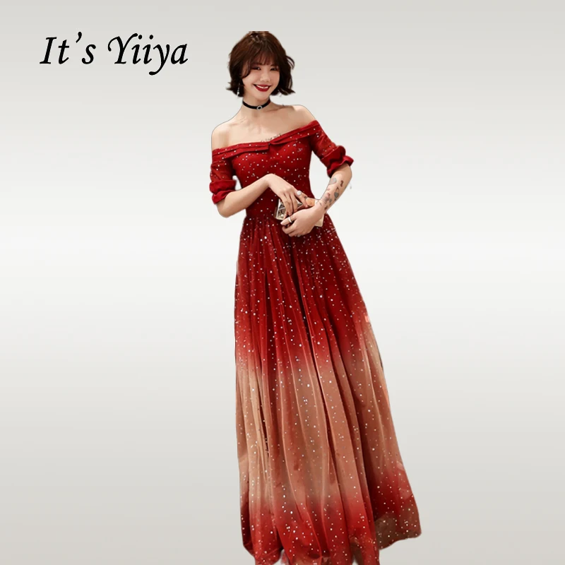 

It's Yiiya Evening Dress Elegant Gradient Burgundy Sequin Women Party Dresses Boat Neck Half Sleeve Long Formal Gowns E721