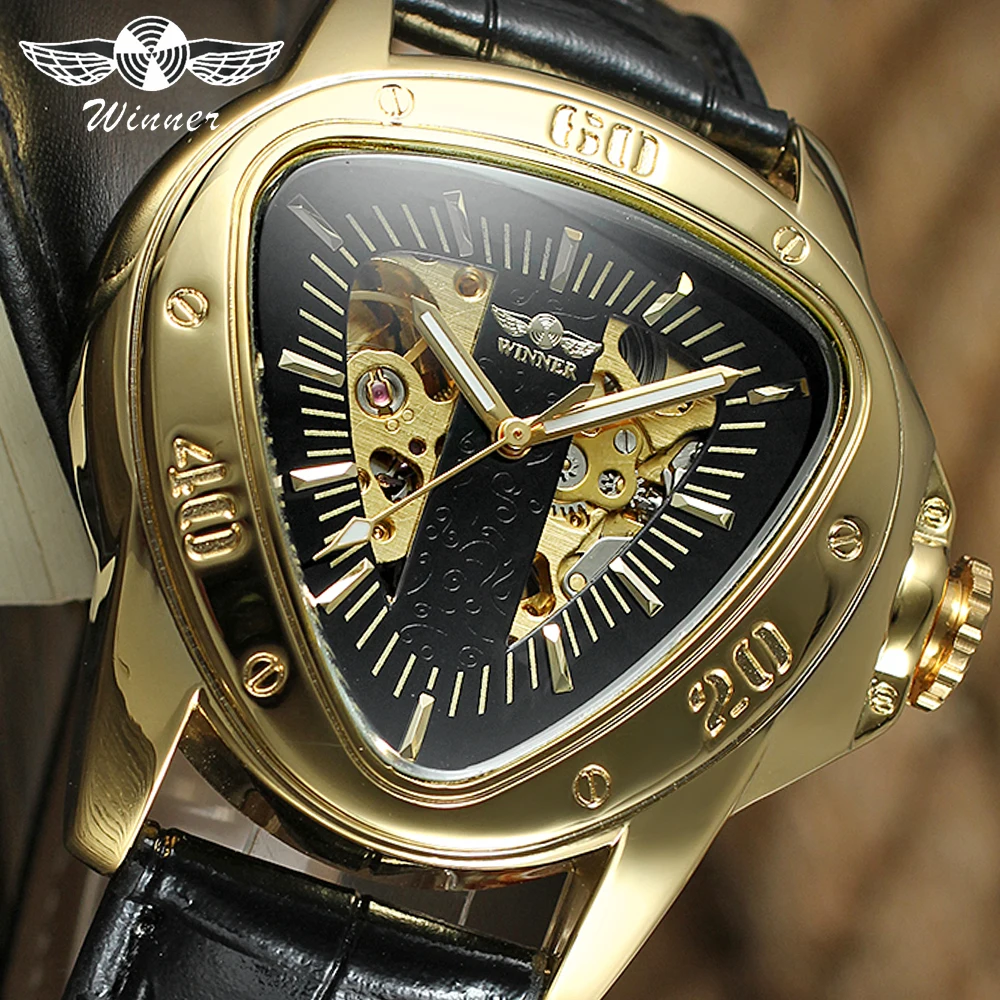 

Winner Steampunk Fashion Triangle Golden Skeleton Movement Mysterious Men Automatic Mechanical Wrist Watches Top Brand Luxury