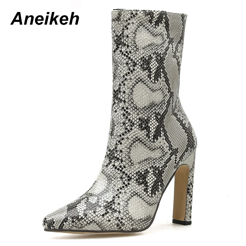 

Aneikeh 2019 Novelty PU Women Boots Zip Serpentine Thin High Heels Shoes Shallow Pointed Toed Ankle Chelsea Nightclub Size 35-42